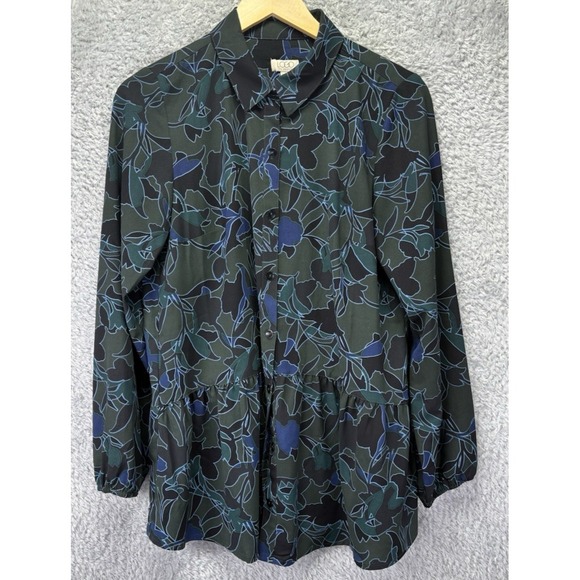LOGO by Lori Goldstein Tops - LOGO Lori Goldstein Womens XS Green Blue Print Blouse Button Front Peplum Top